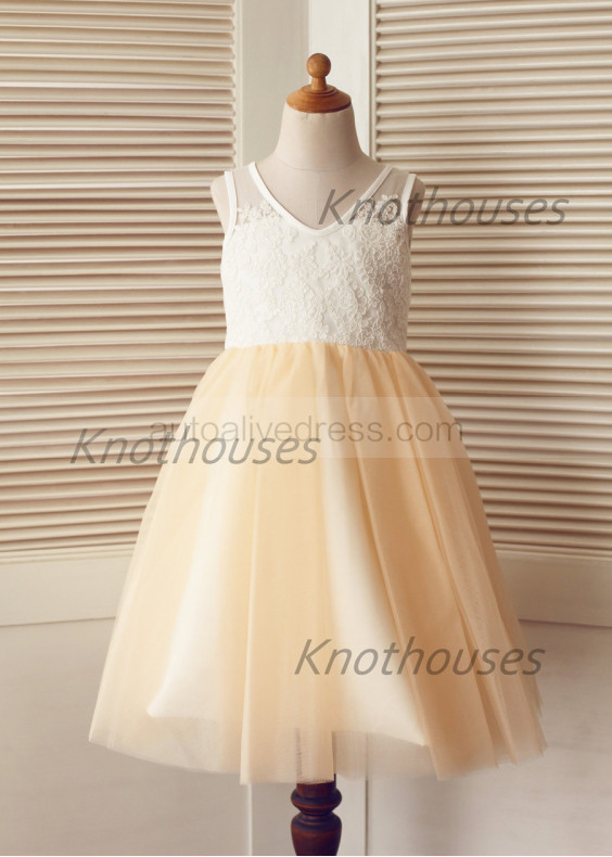 Ivory Lace Champagne Tulle V Neck Tea Length Flower Girl Dress
